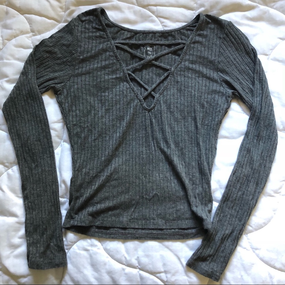 Me to we grey ribbed criss cross crop long sleeve